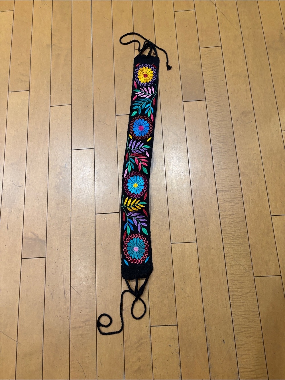 Embroidered Floral Black Belt Strap with Bright Multicolor Flowers